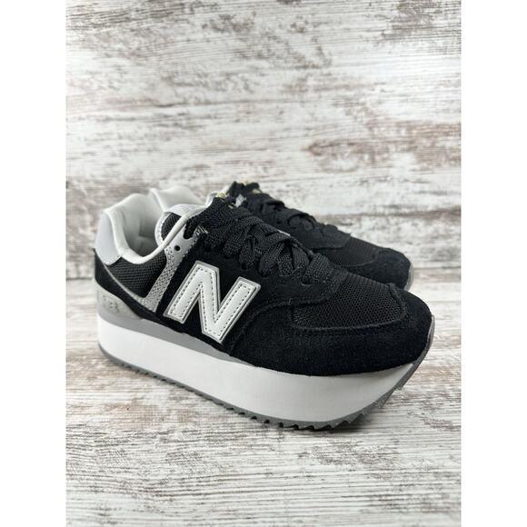 Women's New Balance 574+ Black Suede Platform Sneakers Sz 6B EUC! - Picture 1 of 9